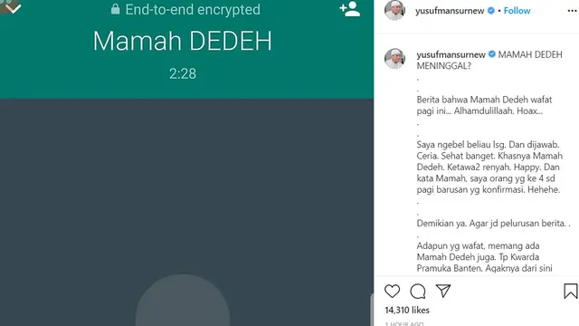 Ustaz Yusuf Mansur mengonfirmasi kabar hoaks meninggalnya Mamah Dedeh (https://www.instagram.com/p/CArBFrllJ6S/)