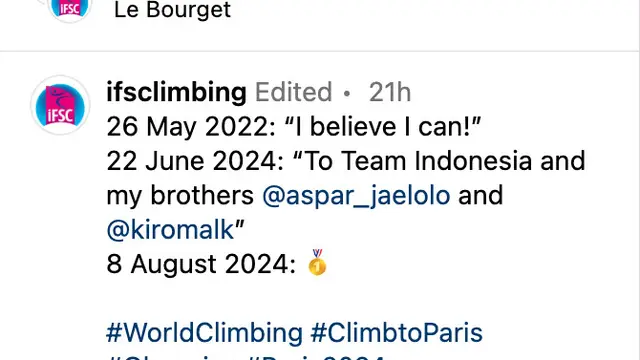 Unggahan The International Federation of Sport Climbing terkait pencapaian Veddriq Leonardo. (Foto: Dok. Instagram @ifsclimbing)