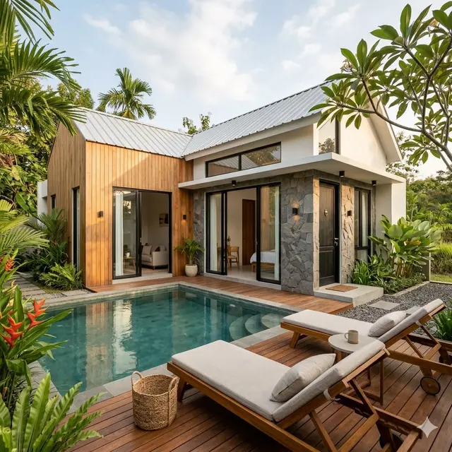 Desain Rumah 1 Lantai 6x10 dengan Kolam Mini Ala Villa