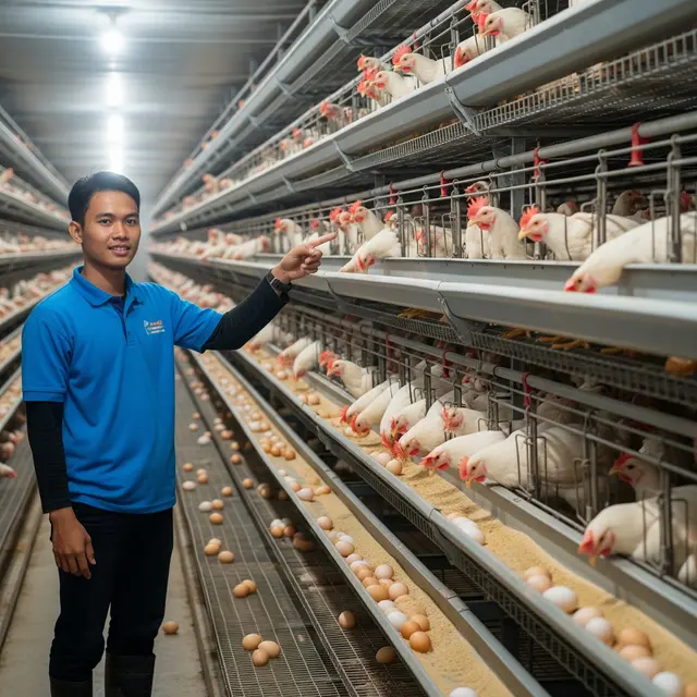 Ternak ayam petelur dengan kandang baterai (Gemini AI)