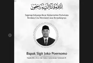 Ucapan duka cita Kemenpar atas berpulangnya  Kepala Biro Umum dan Hukum Kementerian Pariwisata (Kemenpar) Sigit Joko Poernomo yang meninggal saat mengikuti Siksorogo Lawu Ultra 2025. (dok. Instagram @kemenpar.ri/https://www.instagram.com/p/DR9U00HETSO/Dinny Mutiah)