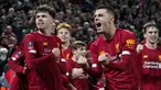 Pemain Liverpool Curtis Jones (kanan) dan Neco Williams merayakan gol bunuh diri pemain Shrewsbury Town Ro-Shaun Williams pada pertandingan ulang babak keempat Piala FA di Anfield Stadium, Liverpool, Inggris, Selasa (4/2/2020). Liverpool menang 1-0. (AP Photo/Jon Super)