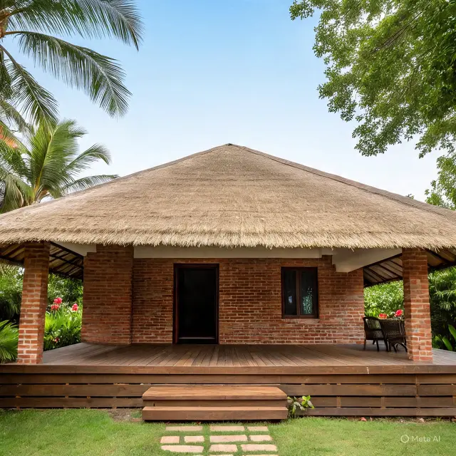 Rumah Sederhana Bahan Bata dengan Teras Kayu