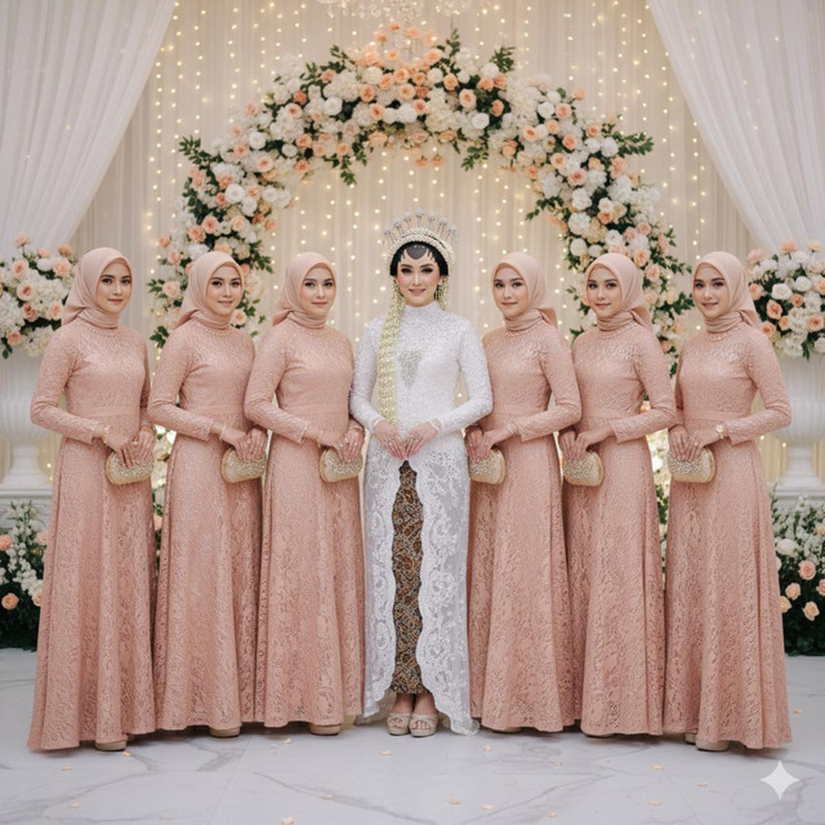 7 Model Gamis Brokat Soft Color Tapi Tetap Tampil Stand Out untuk Bridesmaid Berhijab 2025