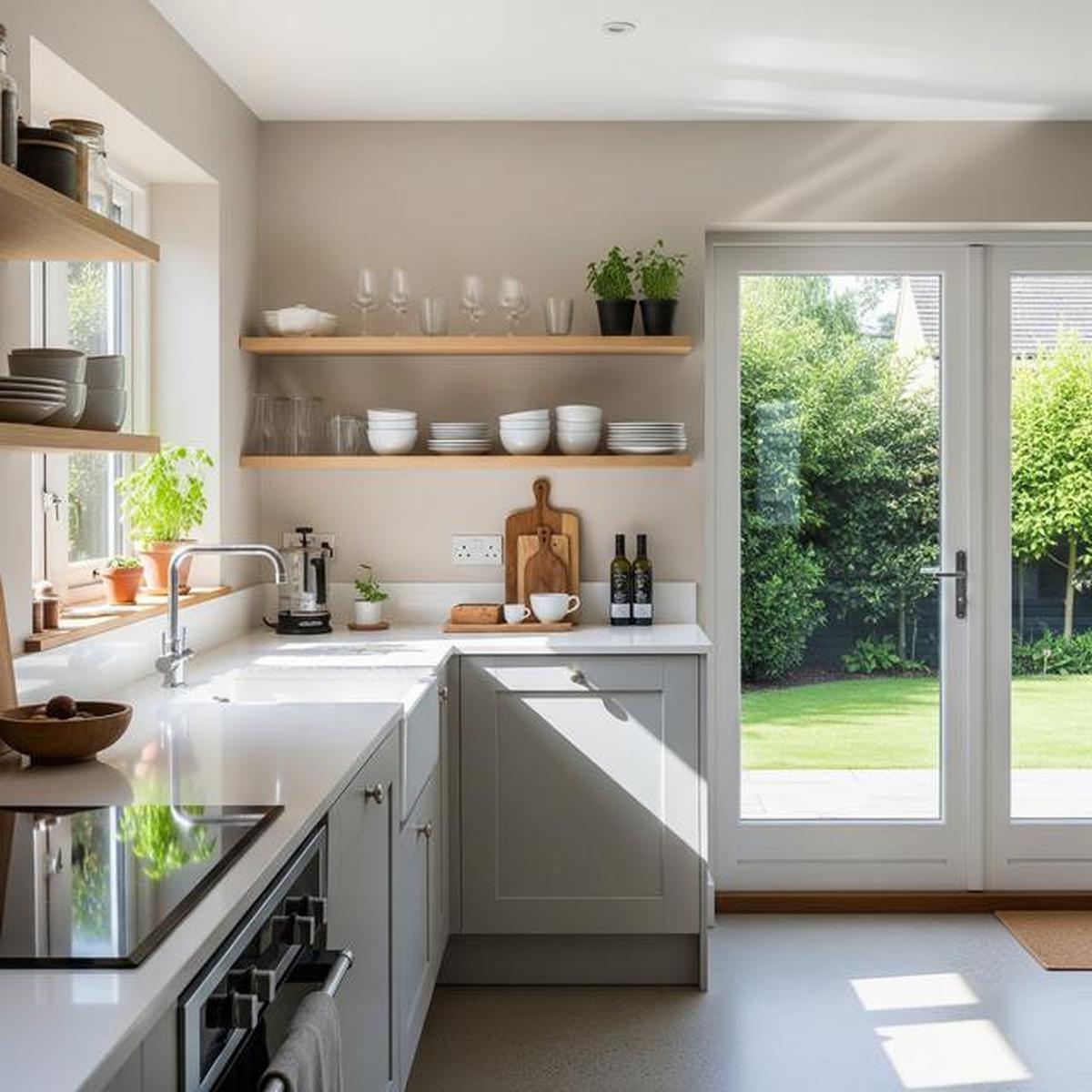 7 Dapur Kecil dengan Rak Terbuka dan Warna Netral, Elegan dan Minimalis