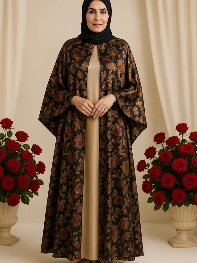 Model Gamis Silk Motif Kombinasi Polos untuk Ibu-Ibu Usia 50-an