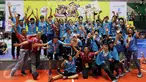 Pemain beserta tim voli Jakarta Elektrik PLN merayakan kemenangan usai mengalahkan Jakarta Pertamina Energi di Grand Final Proliga 2017 di GOR Among Rogo, Yogyakarta (23/4). Mereka unggul 3-2 (25-20, 24-26, 25-22, 18-25, 15-11). (Liputan6.com/Johan Tallo)