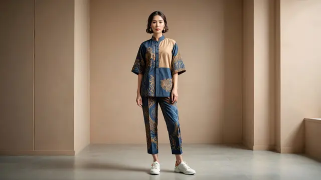 Model Atasan Batik Wanita Kombinasi Kain Polos/ Ilustrasi AI