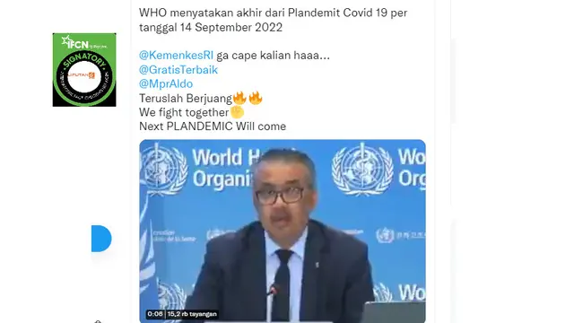 Tangkapan layar  klaim WHO menyatakan akhir pandemi Covid-19 14 September 2022