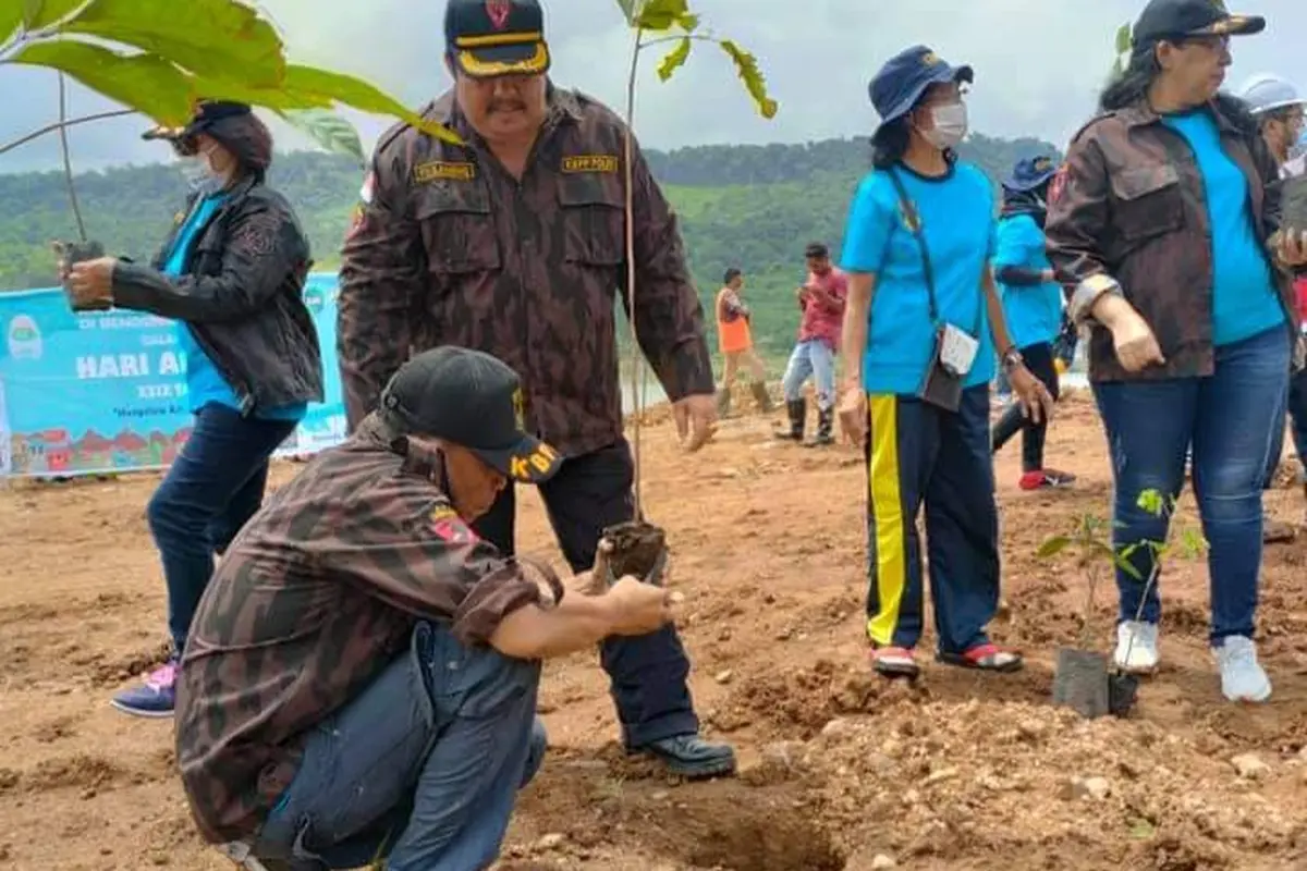 KBPP Polri Sikka, melakukan penanaman ratusan anakan di areal Bendungan Napun Gete, Desa Ilin Medo, Kecamatan Waiblama Kabupaten Sikka. (Liputan6.com/ Dionisius Wilibardus)