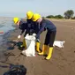 Pasca kejadian tumpahan minyak di area pantai Karawang, Tim PHE ONWJ terus bersinergi dengan berbagai pihak untuk membersihkan sisa ceceran minyak. (Dok Pertamina)