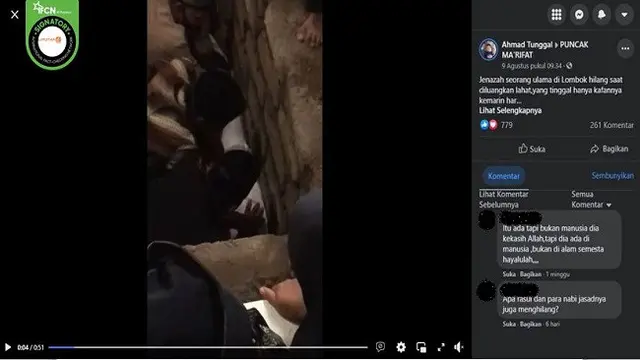 Gambar Tangkapan Layar Video yang Diklaim Jenazah Seorang Ulama di Lombok Hilang Saat Dikubur (sumber: Facebook).