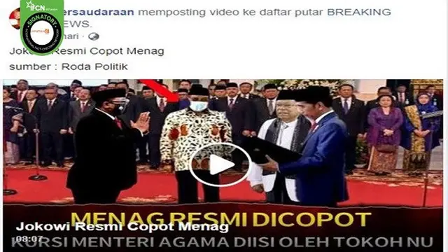 Gambar Tangkapan Layar Video Hoaks yang Diklaim Jokowi Copot Menteri Agama Yaqut Cholil Qoumas (sumber: Facebook).