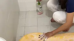 Memakai sabun khusus, Memes Prameswari terlihat antusias membersihkan kulit reptil unik ini. Warnanya yang kuning cerah jadi istimewa pada ular berumur 4 tahun. Panjangnya 4,2 m. Beratnya 55 kg. (Liputan6.com/IG/@memes_prameswari)