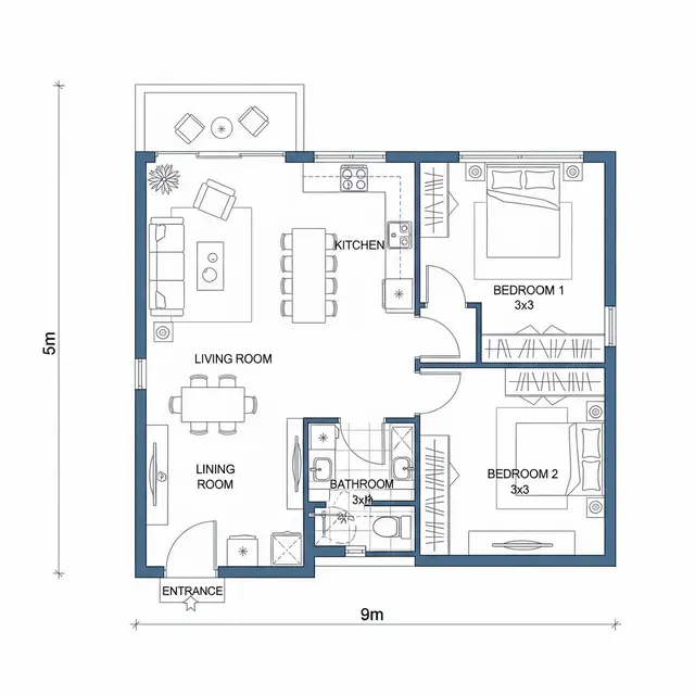Denah Rumah 5x9 dengan 2 Kamar Tidur