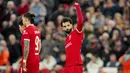 Pemain Liverpool, Mohamed Salah merayakan golnya ke gawang Sparta Praha pada laga leg kedua 16 besar Liga Europa 2023/2024 di Anfield, Liverpool, Inggris, Jumat (15/03/2024). (AP Photo/Jon Super)