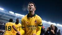 Pemain AC Milan, Christian Pulisic, melakukan selebrasi setelah mencetak gol ke gawang Torino pada laga pekan ke-14 Serie A 2025/2026 di Olimpico Grande Torino pada Selasa (9/12/2025). (AFP/Marco Bertorello)