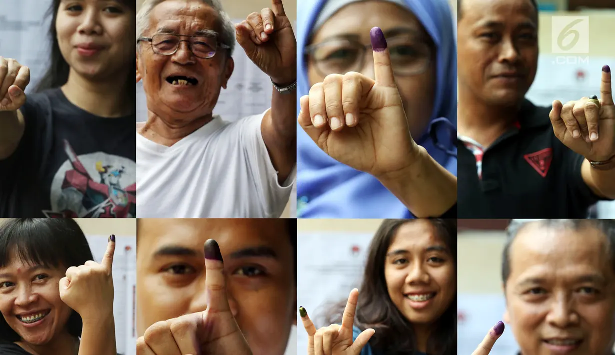 Kolase foto warga saat menunjukkan jari bertinta usai menggunakan hak pilih pada Pemilu 2019 di Jakarta, Rabu (17/4). Pemilu 2019 digelar serentak untuk memilih presiden dan wakil presiden, DPR, DPD, DPRD Provinsi serta DPRD Kabupaten/Kota. (Liputan6.com/JohanTallo)