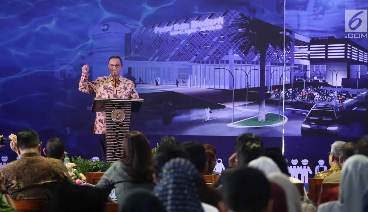 Gubernur DKI Jakarta Anies Baswedan saat mengisi sambutan dalam acara peletakan batu pertama (groundbreaking) Pasar Ikan Modern (PIM) Muara Baru, Jakarta, Kamis (8/2). (Liputan6.com.Angga Yuniar)