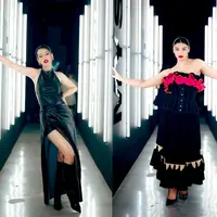 Penampilan bold misterius Susan Sameh dalam balutan halter leather dress dengan aksen slit samping yang memikat. Ditambah pulasan lipstik merah yang menambah kesan glamor. [@@snap.nuel]