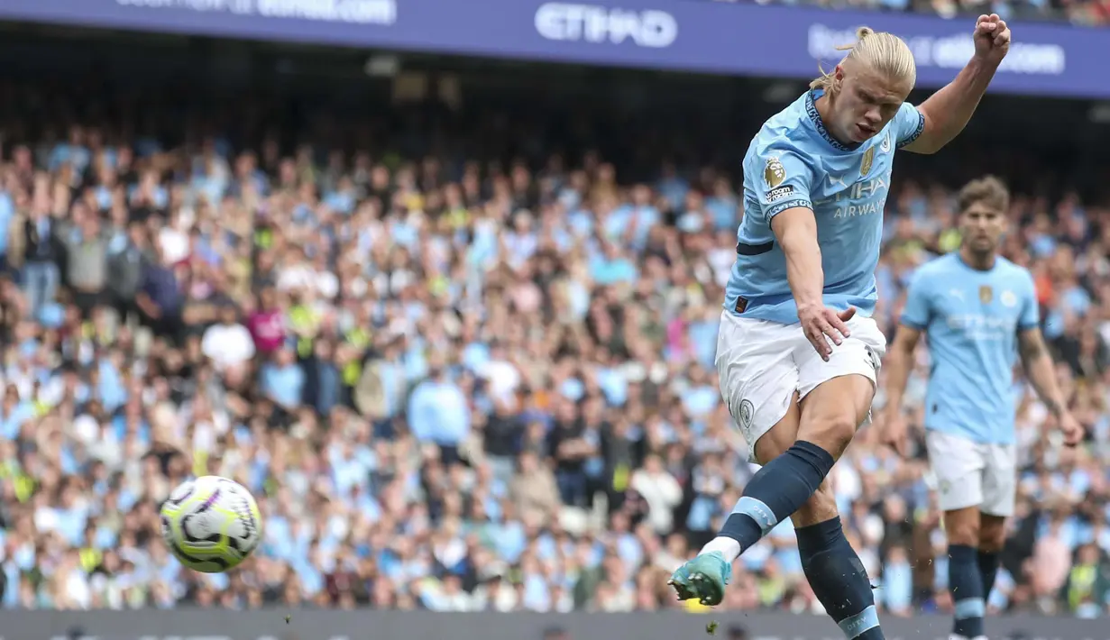 Tambahan dua gol ini membuat Haaland sudah mengemas sembilan gol hanya dari empat pertandingan sejak awal musim. (AP Photo/Scott Heppel)