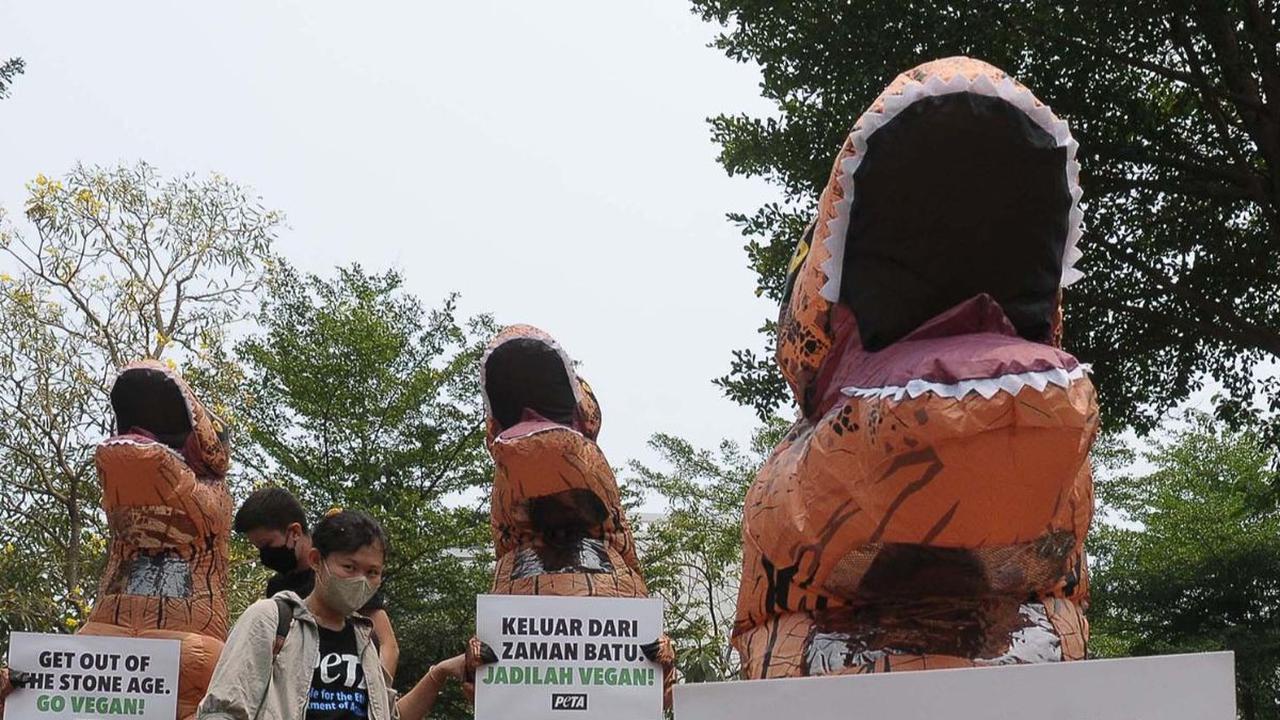 Sejumlah aktivis People for the Ethical Treatment of Animals (PETA) memakai kostum dinosaurus saat menggelar aksi di kawasan Dukuh Atas, Jakarta, Selasa (24/10/2023).&nbsp;