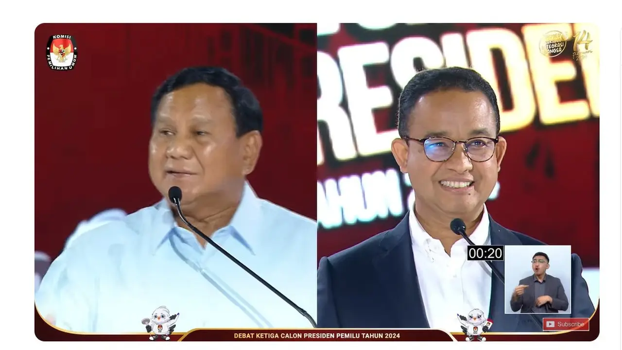 Calon presiden nomor 1 Anies Baswedan, dan capres nomor urut 2 Prabowo Subianto saat debat capres ketiga yang digelar KPU pada Minggu (7/1/2024) di Istora, Senayan, Jakarta.