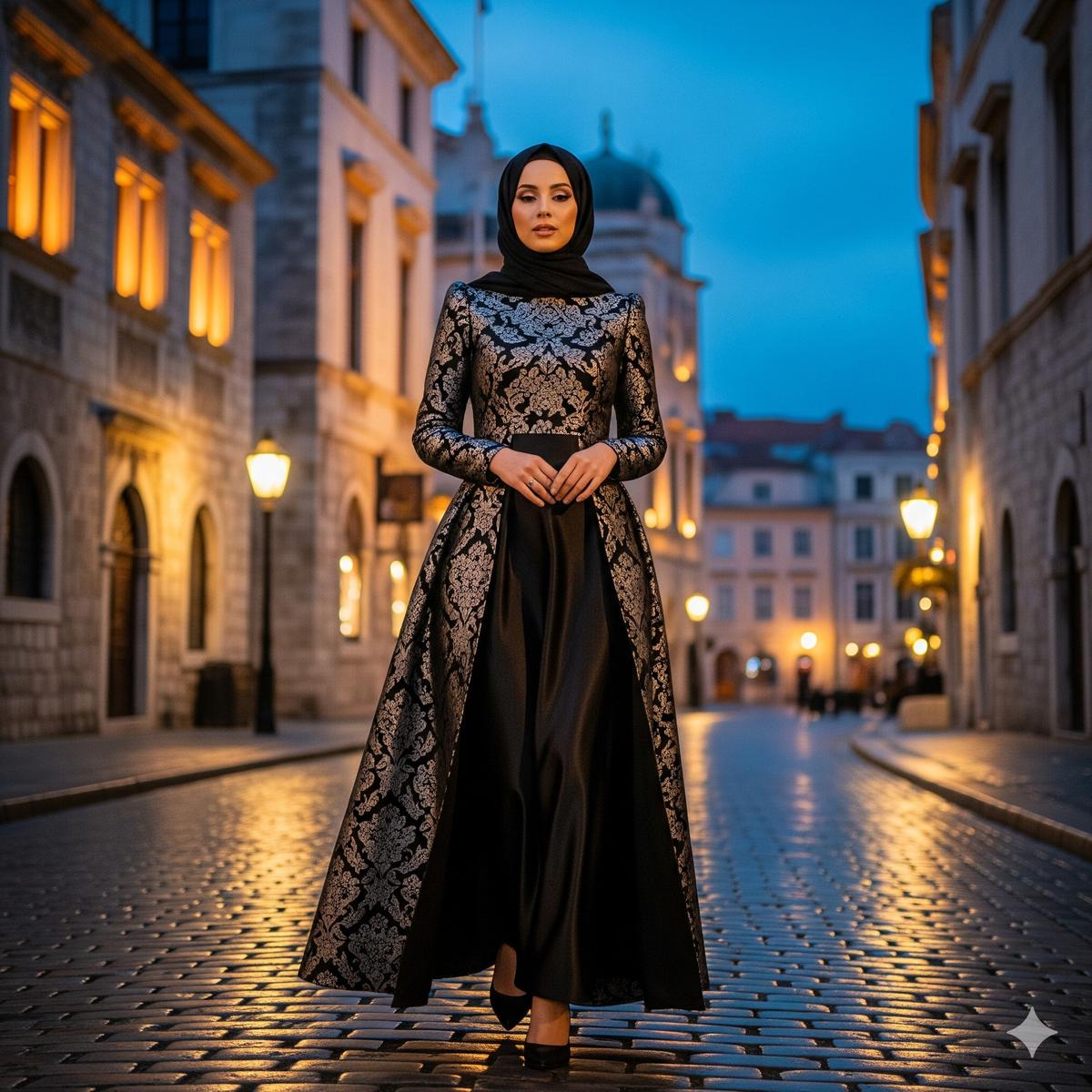 8 Model Gamis Hitam Kombinasi Brokat dan Satin, Mewah dan Elegan