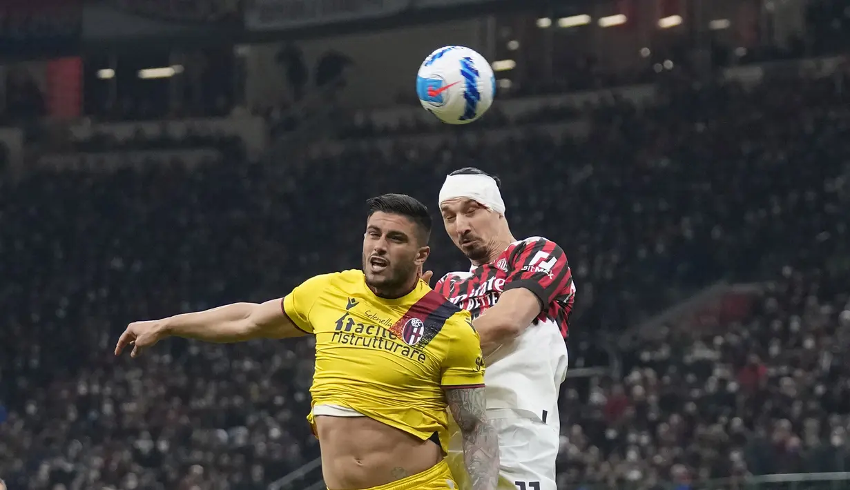 AC Milan menorehkan 54 persen penguasaan bola, berbanding 46 persen milik Bologna. Zlatan dkk. juga memperoleh tujuh peluang bagus dari 33 kesempatan. (AP/Antonio Calanni)