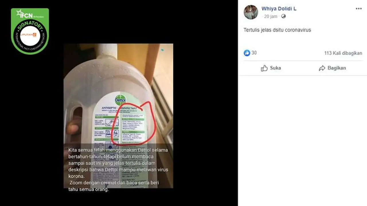 Gambar Tangkapan Layar Klaim Tentang Dettol Ampuh Lawan Virus Corona