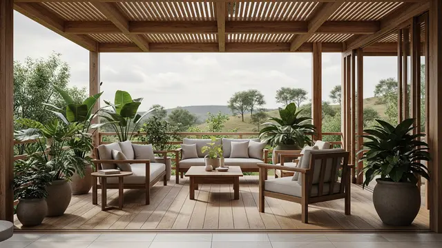 Teras Rumah Pedesaan yang Adem dengan Konsep Semi Outdoor (Gemini AI)