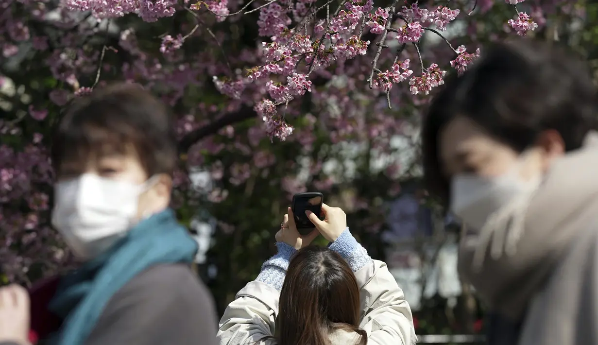 Orang-orang yang memakai masker melihat bunga sakura musiman di Taman Ueno, Tokyo, Jepang pada 24 Maret 2022. Taman Ueno merupakan salah satu tempat menikmati mekar Bunga Sakura paling populer di Tokyo. (AP Photo/Eugene Hoshiko)