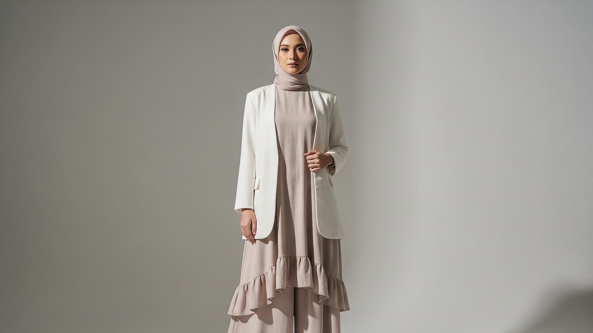 8 Model Gamis Polos Elegan Dipadukan Blazer Tanpa Kancing, Inspirasi Stylish untuk Penampilan Modern