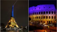 Foto kolase Menara Eiffel di Prancis (kiri), Monumen Kebebasan di Latvia (tengah), dan Colosseum di Italia (kanan) diterangi dengan warna bendera Ukraina pada peringatan satu tahun invasi Rusia ke Ukraina. (AP Photo/Christophe Ena - Roberto Monaldo/LaPresse via AP - AP Photo/Roman Koksarov)