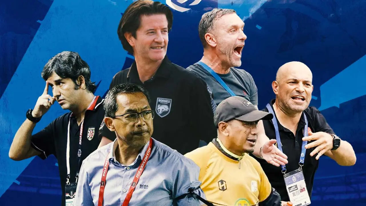 BRI Liga 1 -  Aji Santoso (Persebaya) dan Rahmad Darmawan (Barito Putera) Dikelilingi Thomas Doll, Stefano Teco, Bernardo Tavares, dan Pieter Huistra