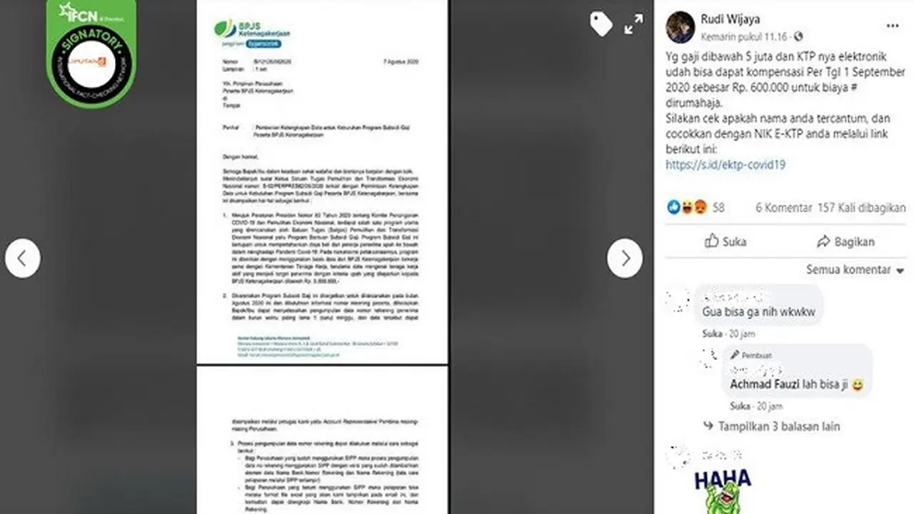 Gambar Tangkapan Layar Kabar Tentang Bantuan Pemerintah Rp 600 Ribu untuk Karyawan Swasta