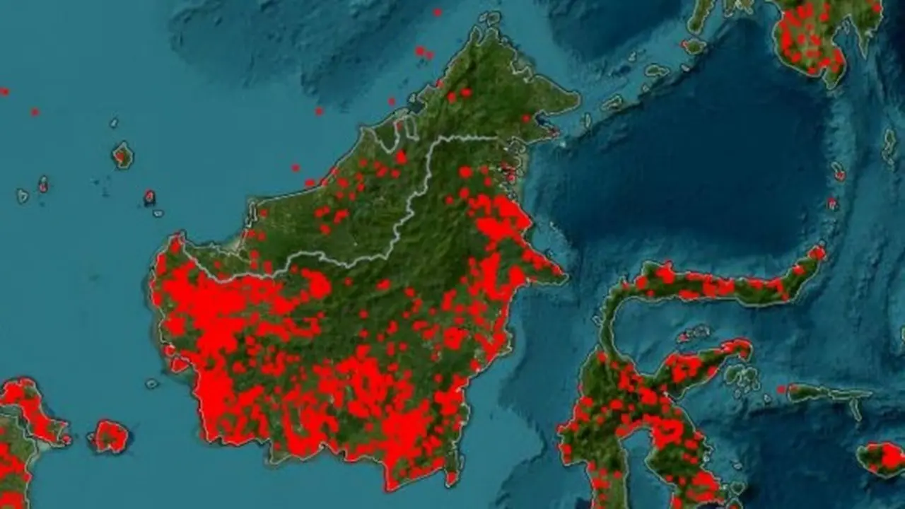 Penampakan Sebaran Titik Panas di Kalimantan dari dari FIRMS (Fire Information for Resource Management System) NASA.
