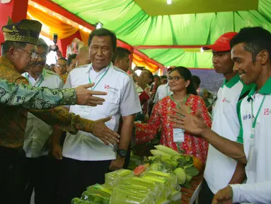 Wapres Jusuf Kalla (dua kiri) didampingi Direktur APP Sinar Mas Suhendra Wiriadinata dan Head of External Relation Sinar Mas Forestry Edi Haris melihat hasil program Desa Makmur Peduli Api di Kabupaten Siak, Riau (22/7). (Liputan6.com/Faizal Fanani)