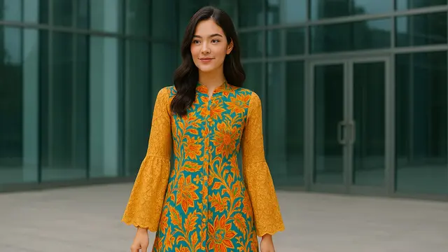 Model Dress Batik Kombinasi Brokat Lengan Panjang