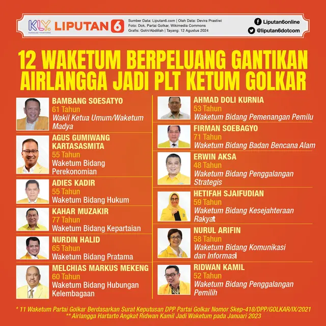 Infografis 12 Waketum Berpeluang Gantikan Airlangga Jadi Plt Ketum Golkar. (Liputan6.com/Gotri/Abdillah)