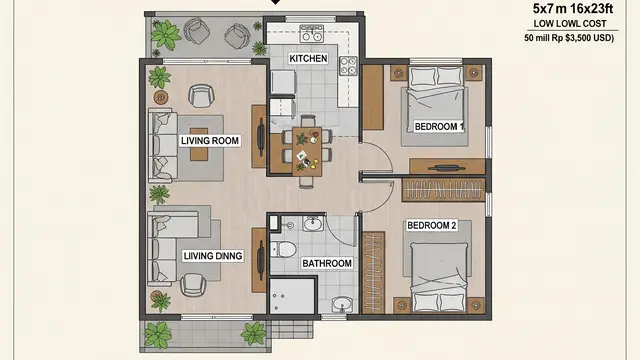 Denah Rumah Japandi Sederhana Ukuran 5x7 Biaya 50 Juta Cocok di Desa (Image by Gemini AI)