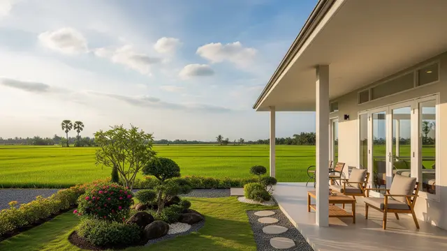 Desain Rumah Pedesaan dengan Teras Lebar Menghadap Sawah (Gambar: Gemini AI)