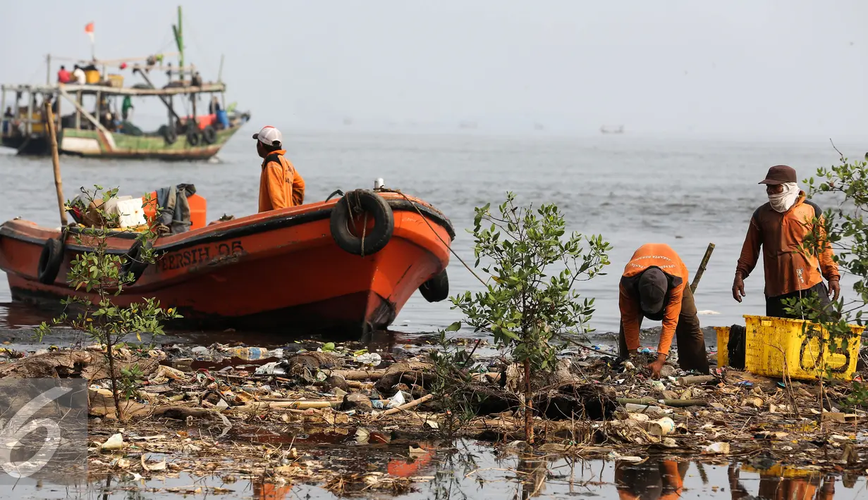 Petugas mengunakan perahu mengangkut sampah di pesisir Muara Angke, Jakarta, Kamis (29/10). Setiap harinya mereka yang digaji UMR berkeliling membersihkan sampah yang terbawa arus laut maupun aliran sungai Kanal Banjir Barat. (Liputan6.com/Faizal Fanani)