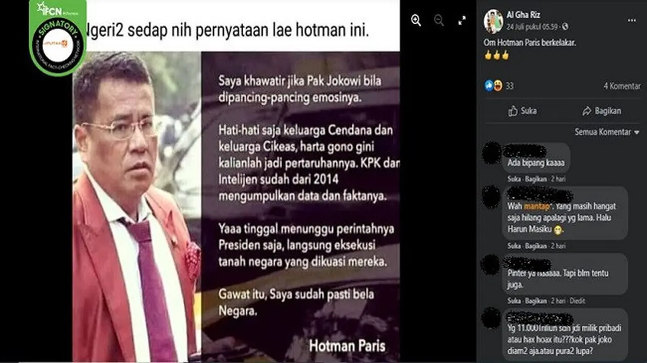 Gambar Tangkapan Layar Foto yang Diklaim Berisi Pernyataan dari Hotman Paris Hutapea (sumber: Facebook).