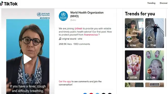 WHO bekerja sama dengan TikTok untuk memberikan informasi seputar COVID-19 (Tangkapan Layar TikTok)