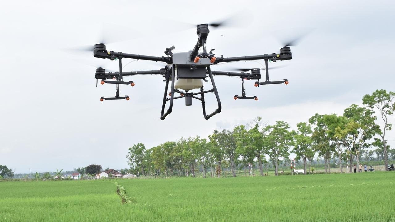 Drone penyemprot pestisida hayati untuk membasmi wereng cokelat di Purbalingga. (Foto: Liputan6.com/Kominfo Purbalingga)