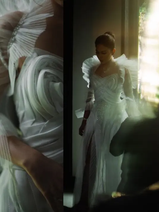 Sementara itu, untuk acara sunset Sunday mass, gaun panjang tersebut juga dilengkapi dengan atasan structural tulle, dengan cut out spiral. [Foto: Instagram @jscmila]