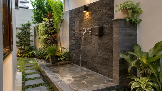 Wudhu Samping Rumah dengan Lantai Batu Bertekstur, Estetiknya Auto Viral