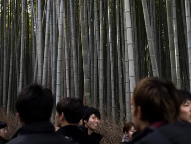 Wisatawan mengunjungi Hutan Bambu Sagano di Arashiyama, Kyoto, Jepang pada 8 Desember 2018. Berada tidak jauh dari pusat kota Kyoto, hutan ini menjulang tinggi di tengah-tengah kota. (Behrouz MEHRI / AFP)