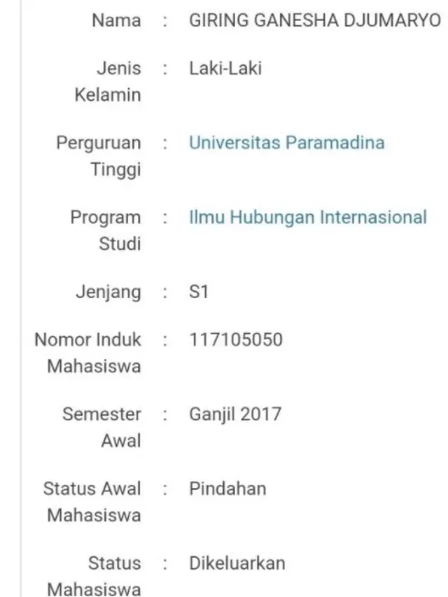 Status Giring Ganesha sebagai mahasiswa drop out dari Universitas Paramadina (https://twitter.com/EnggalPamukty/status/1475483414811664388)
